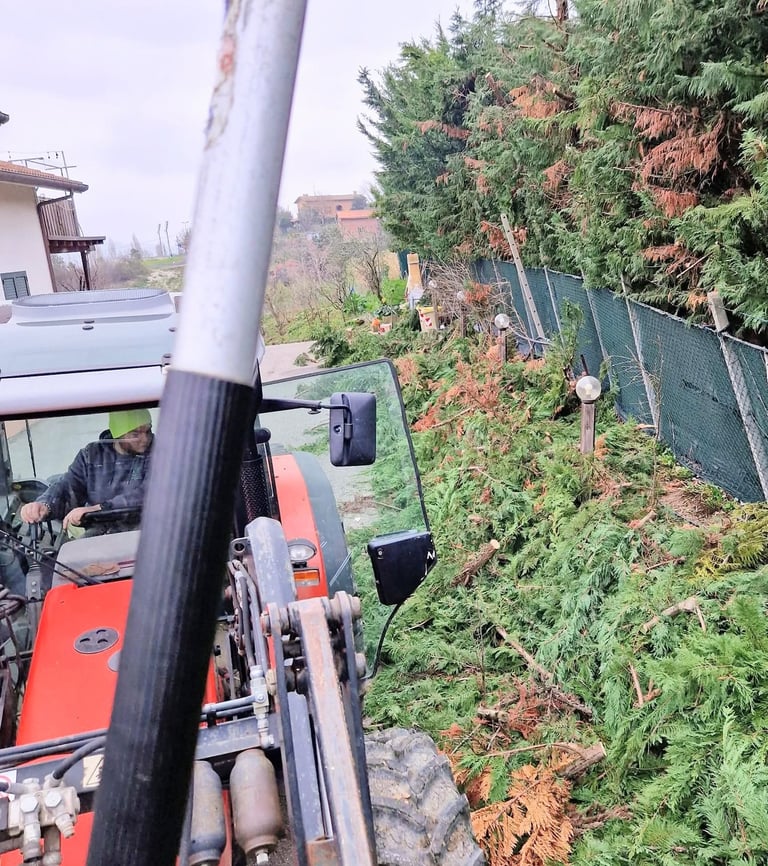 Worker in reflective vest operating red heavy machinery on hillside with overgrown ivy-covered fence and buildings in background