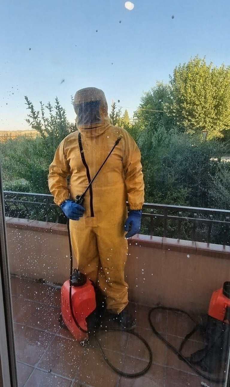 Person in yellow protective suit and hood spraying water on a deck with green landscape in background