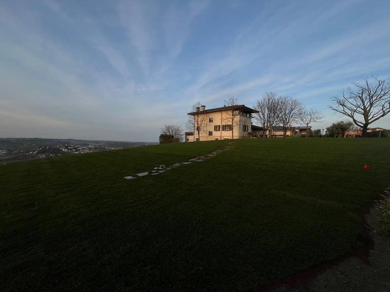 Tuscan villa on a hillside surrounded by green fields and bare trees under a blue sky