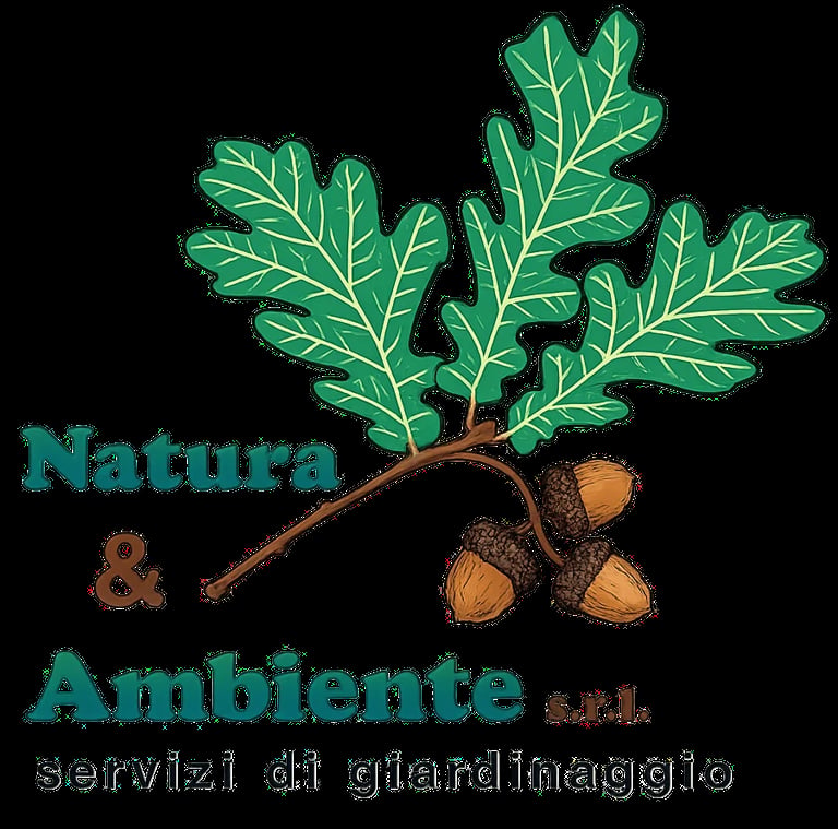 Logo for Natura & Ambiente showing an oak leaf branch with acorns and Italian text about gardening services